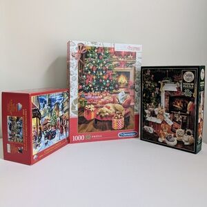 BUNDLE 3 Holiday Christmas Jigsaw Puzzle 1000 PC Fireside Dog Cat London Streets